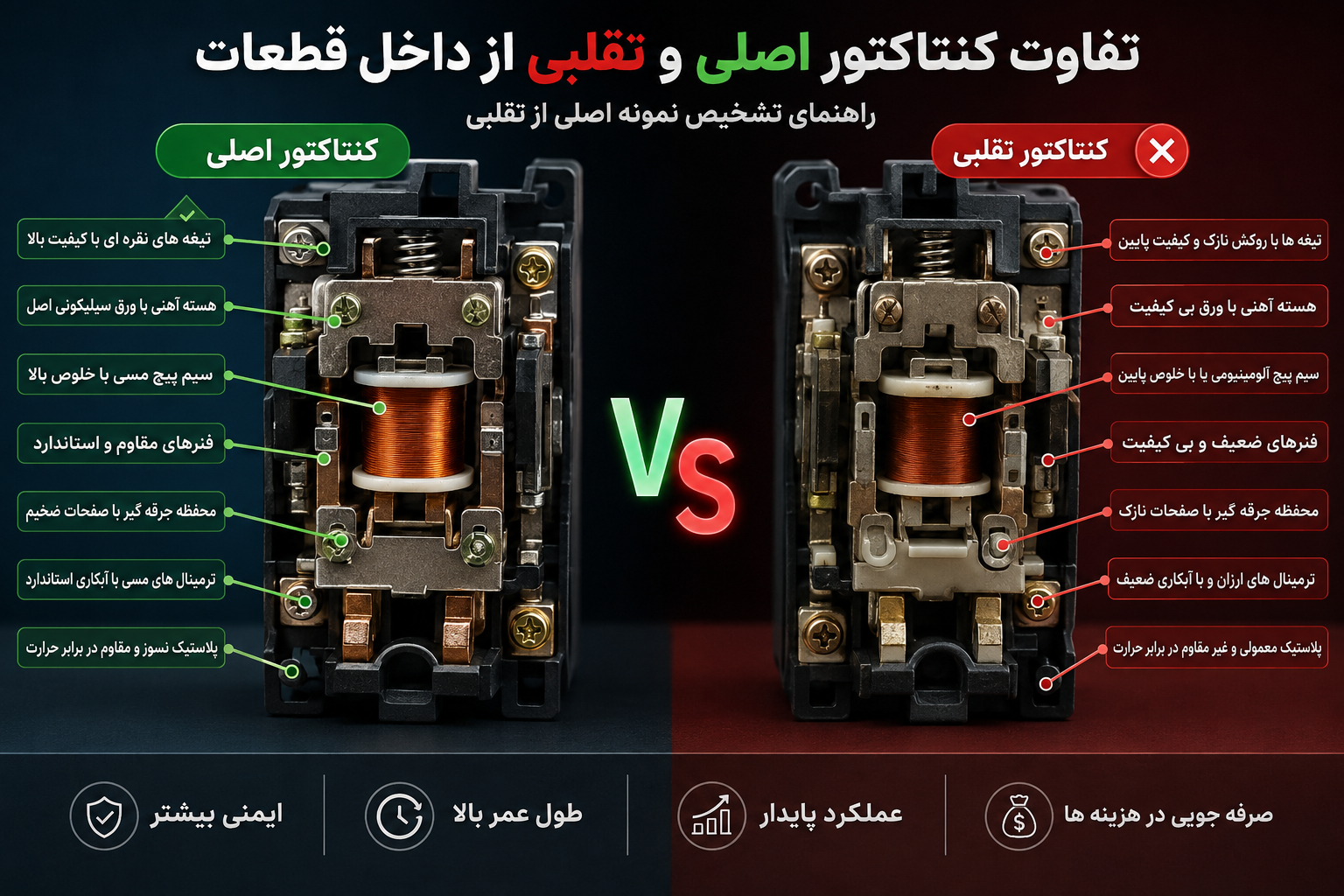 تفاوت کنتاکتور اصلی و تقلبی از داخل قطعات 