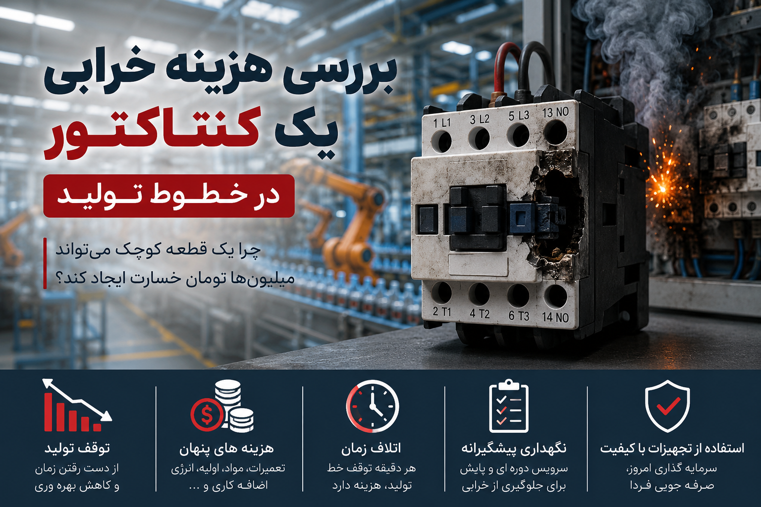 بررسی هزینه خرابی یک کنتاکتور در خطوط تولید؛ چرا یک قطعه کوچک می‌تواند میلیون‌ها تومان خسارت ایجاد کند؟ 