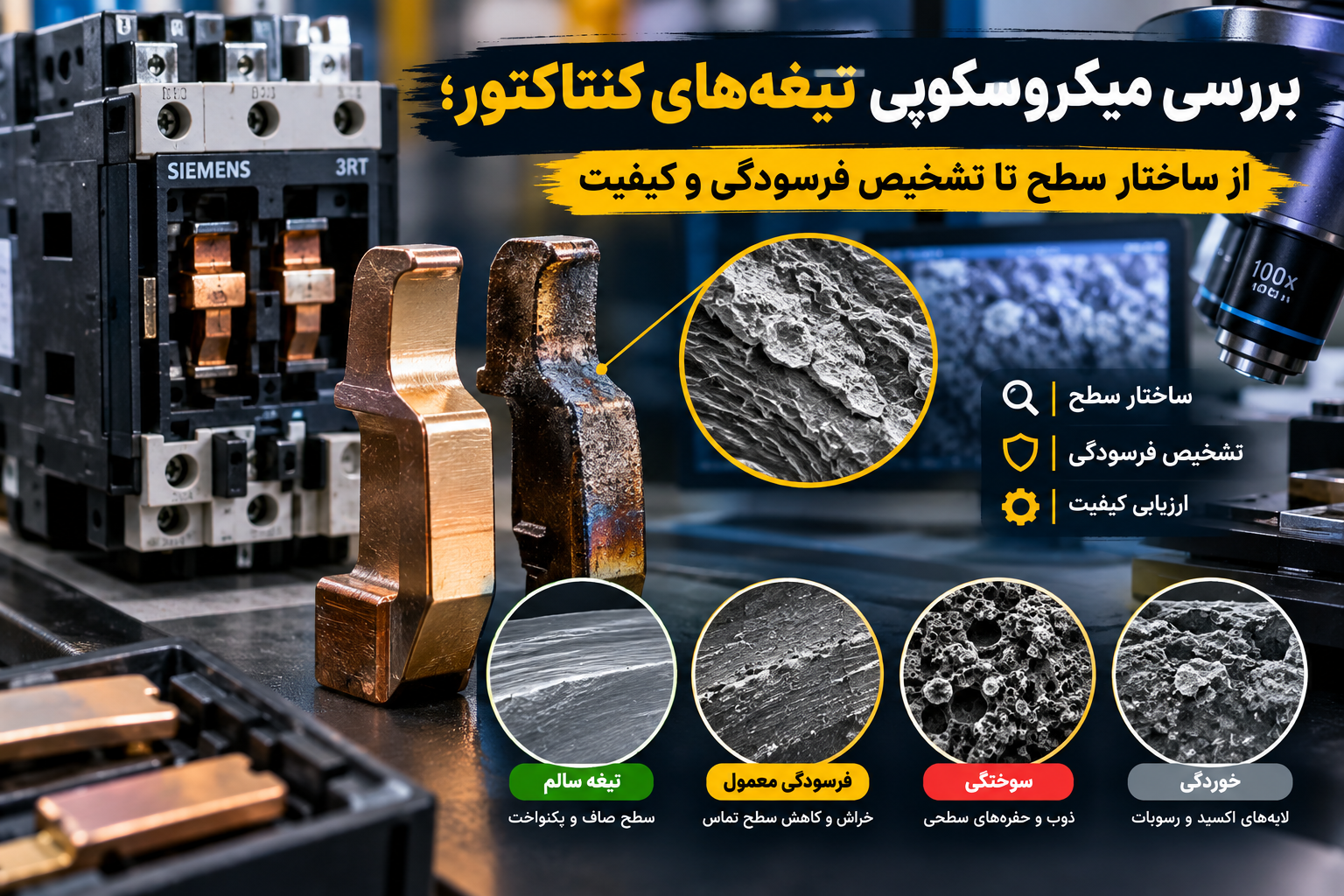بررسی میکروسکوپی تیغه‌های کنتاکتور؛ از ساختار سطح تا تشخیص فرسودگی و کیفیت